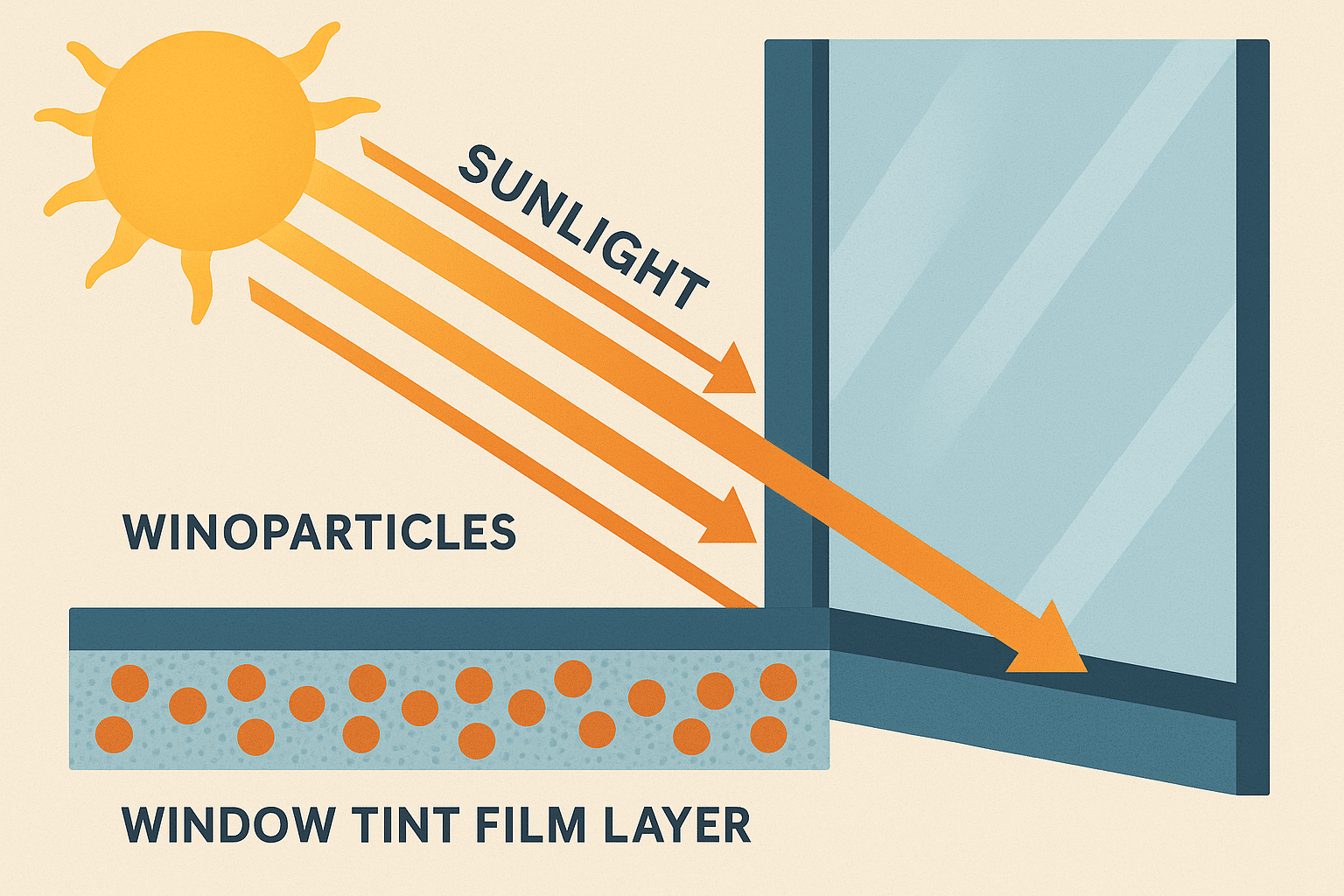 Detailed graphic showing nanoparticles in window tint absorbing and reflecting sunlight.