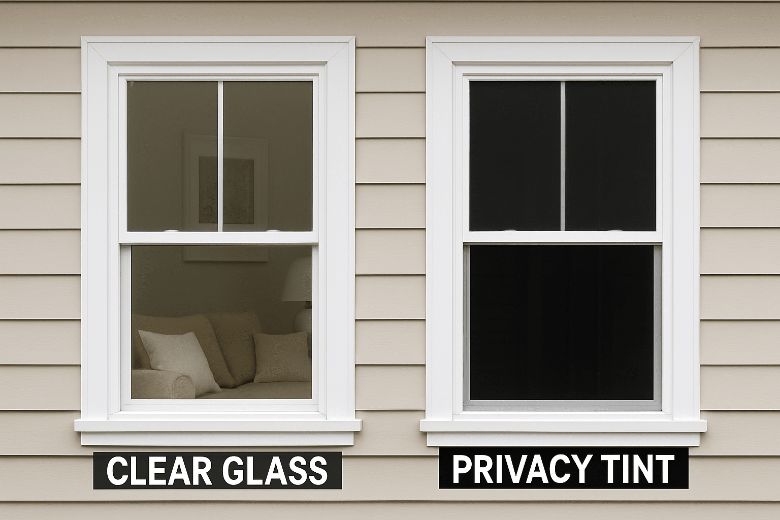 Comparison of home windows with and without privacy tint, showing visibility and natural light difference.
