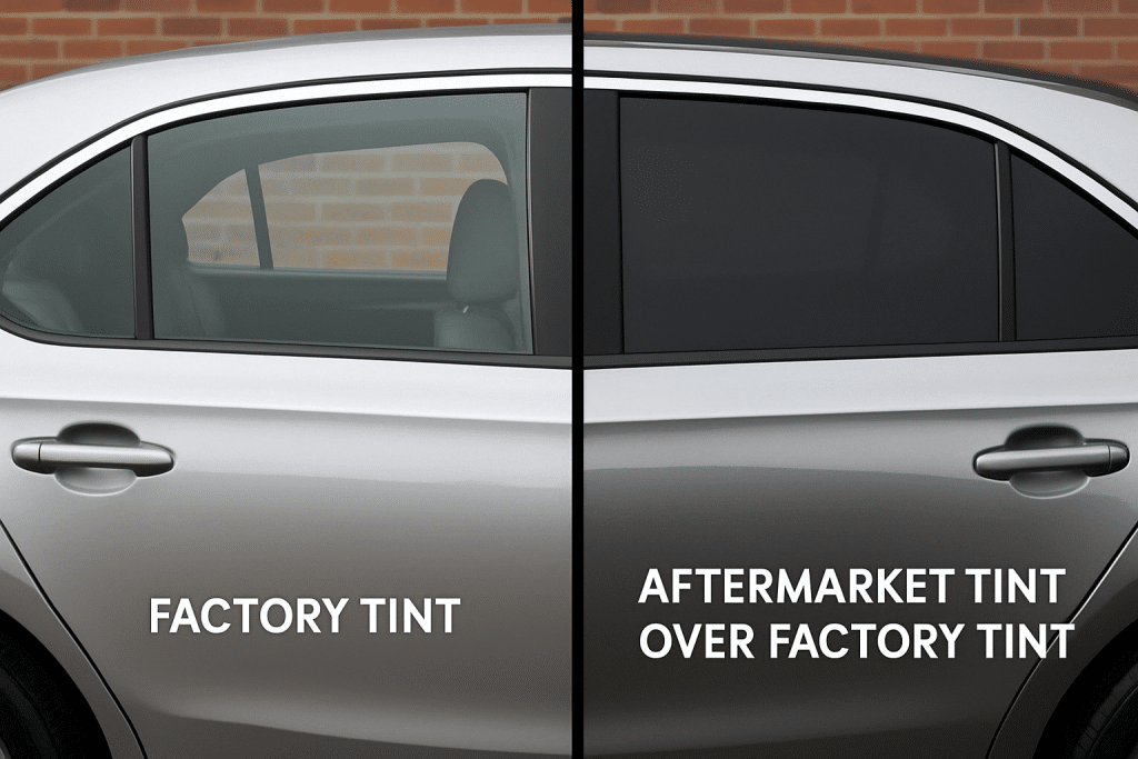 Comparison of factory tint and aftermarket tint layered on a car window