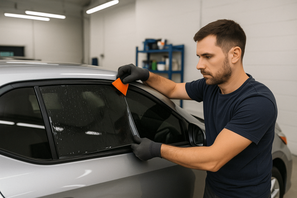 Professional technician installing aftermarket tint film over a factory-tinted car window