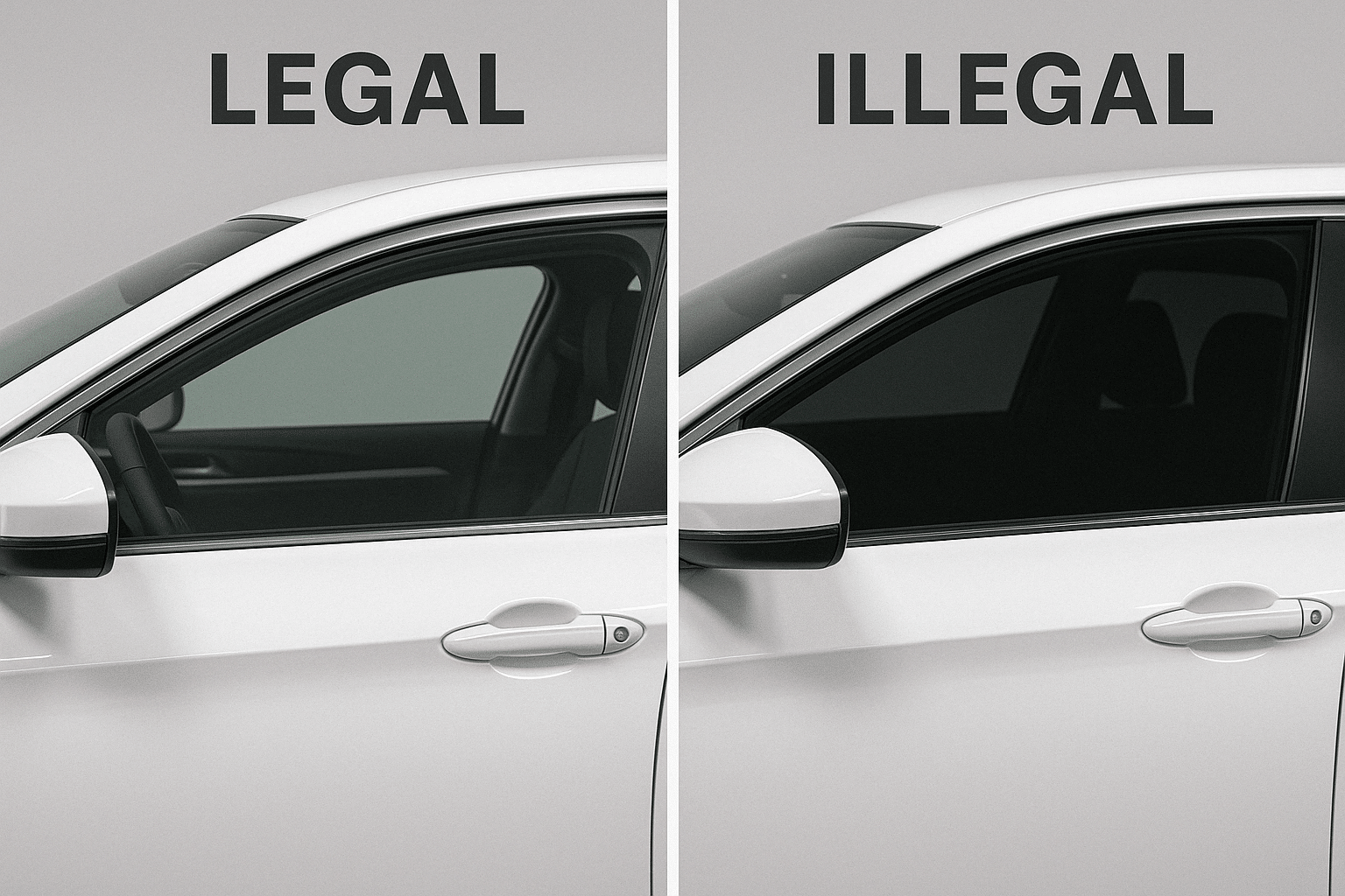 Visual comparison of legal and illegal car window tints under California state law