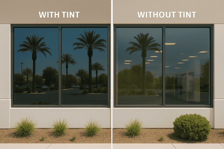 Comparison of commercial building before and after window tint installation