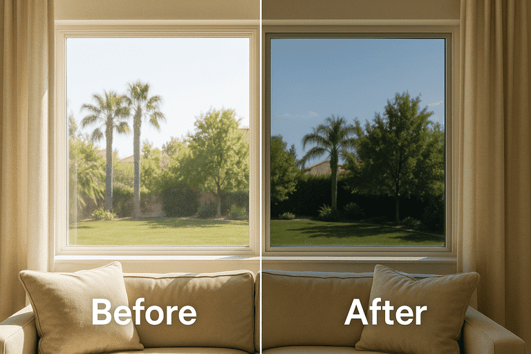 Comparison of a residential window before and after tinting, illustrating glare reduction and UV protection in a Southern California home.