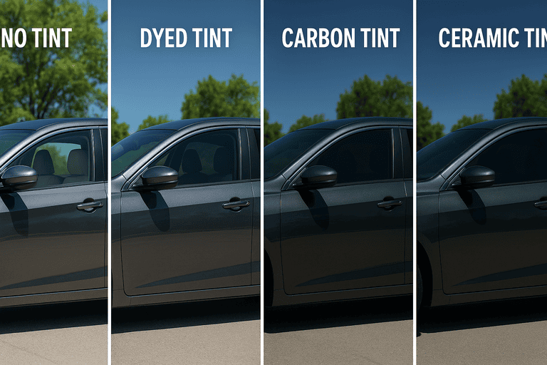 Visual comparison of different car window tints under California sun showing dyed, carbon, and ceramic finishes.