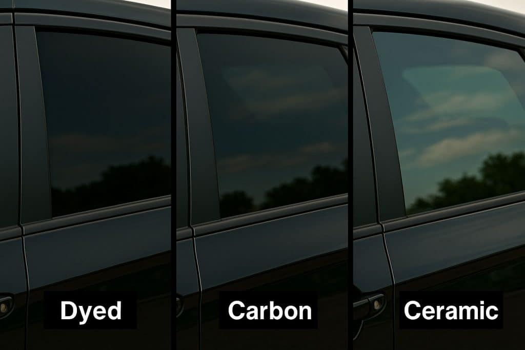 Visual comparison of dyed, carbon, and ceramic window tints applied to car windows