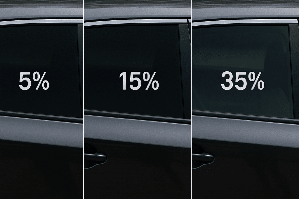 Side-by-Side Comparison of 5%, 15%, and 35% Car Window Tints