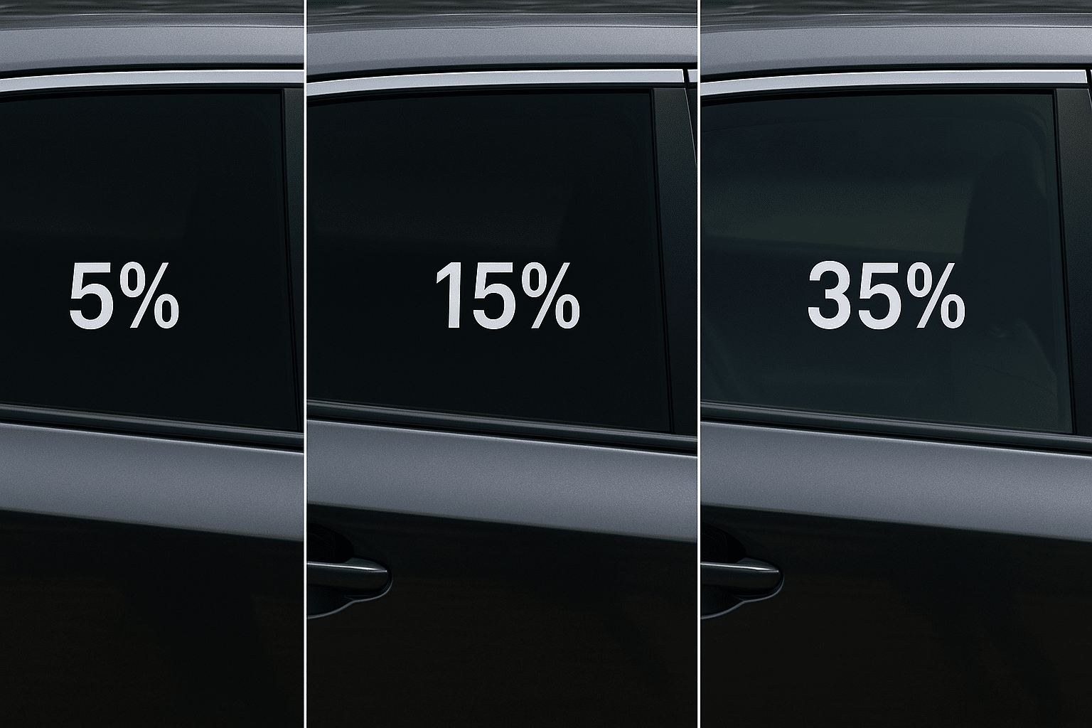 Side-by-Side Comparison of 5%, 15%, and 35% Car Window Tints