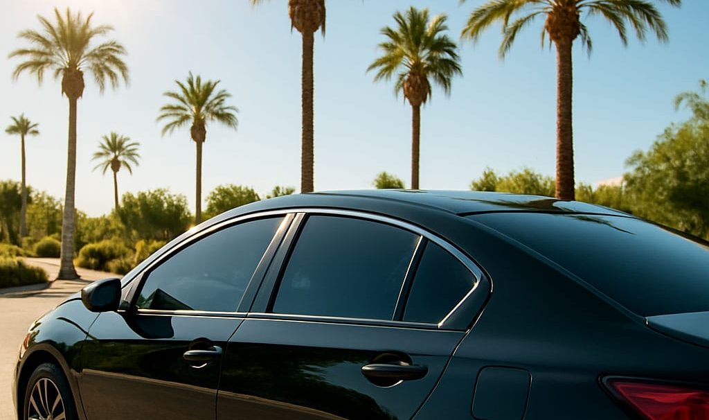 A sunlit car with tinted windows parked in Southern California, showcasing UV protection