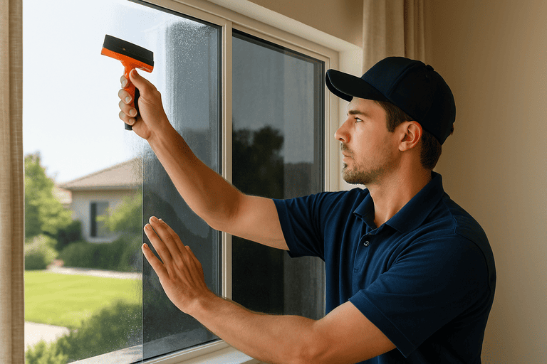 Professional installer applying ceramic window tint on a large home window, enhancing energy efficiency and UV protection for Southern California residences.