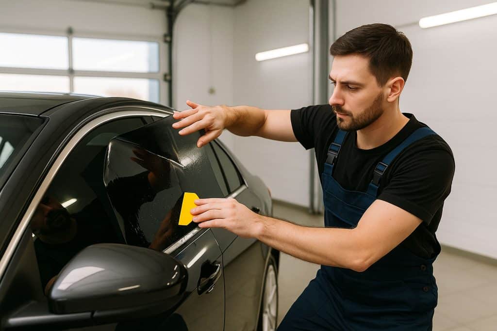 Auto tint technician installing film on car window in a well-lit modern workshop