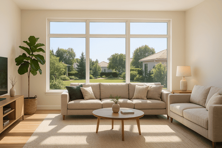 Sunlit living room in a Southern California home with tinted windows, reducing glare and heat for a more comfortable and energy-efficient space.