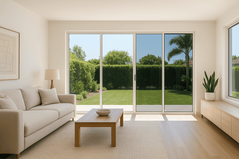 Bright Southern California living room with tinted windows reducing sunlight glare
