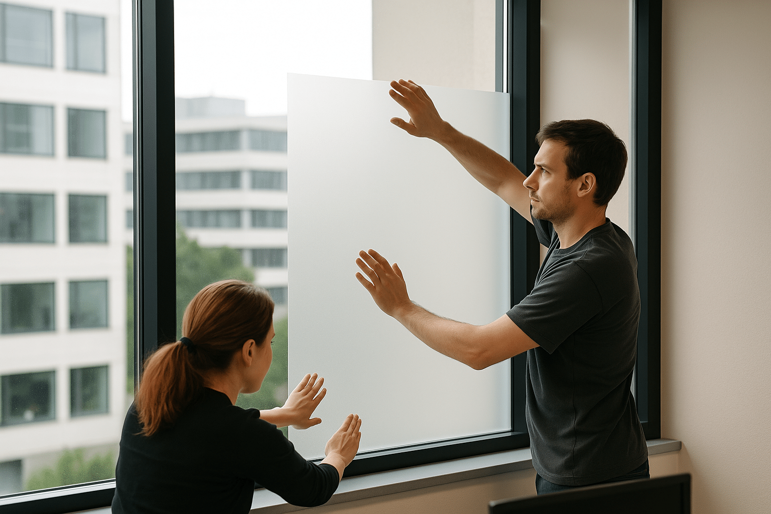 Office Workers Installing Frosted Window Film for Privacy