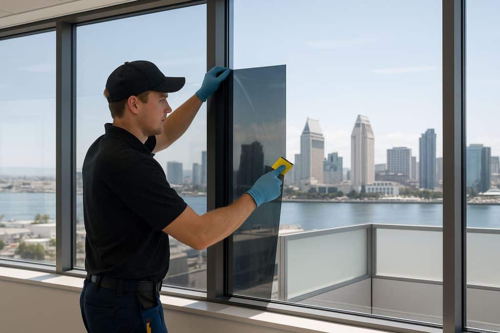 Technician installing commercial window tint in a downtown San Diego office building with a city skyline view.