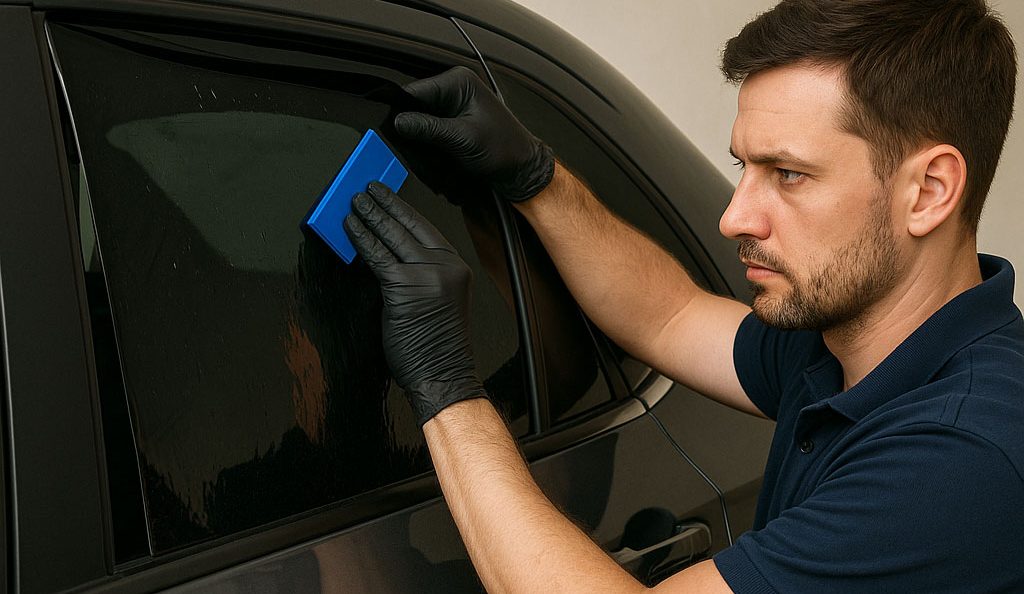 Certified technician applying professional car window tint film inside a clean Southern California auto shop