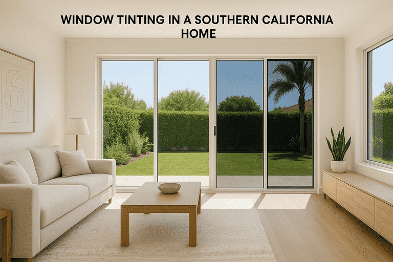 Technician installing window tint on a home with San Diego architecture and palm trees outside