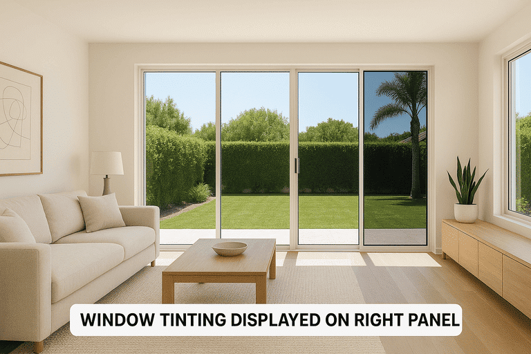 Side-by-side view of four residential window tint film types in daylight