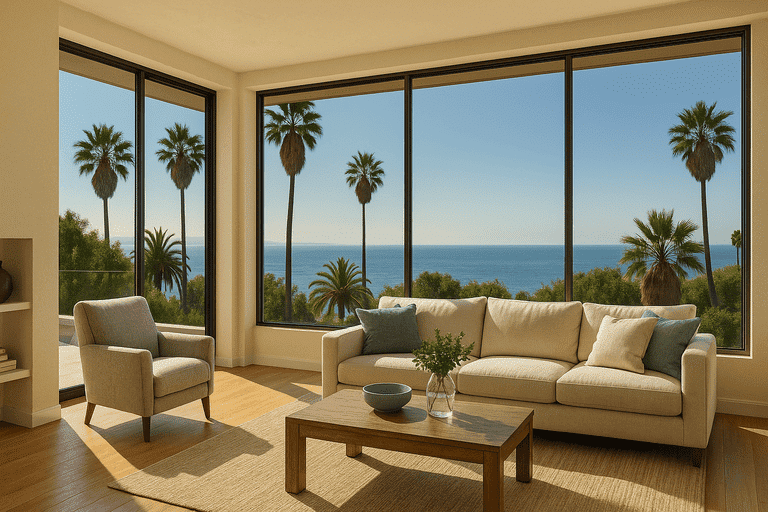 Residential living room in Southern California with glare-reducing window tint and natural coastal light.