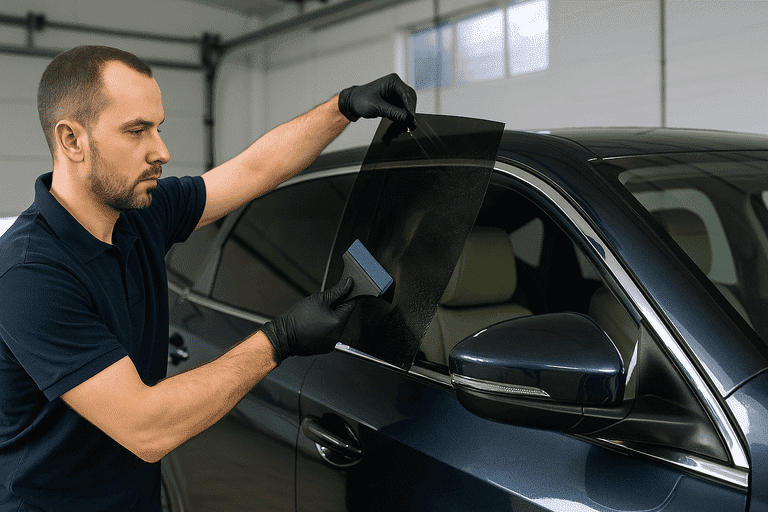 Professional car tint installation in San Diego auto shop with technician applying window film