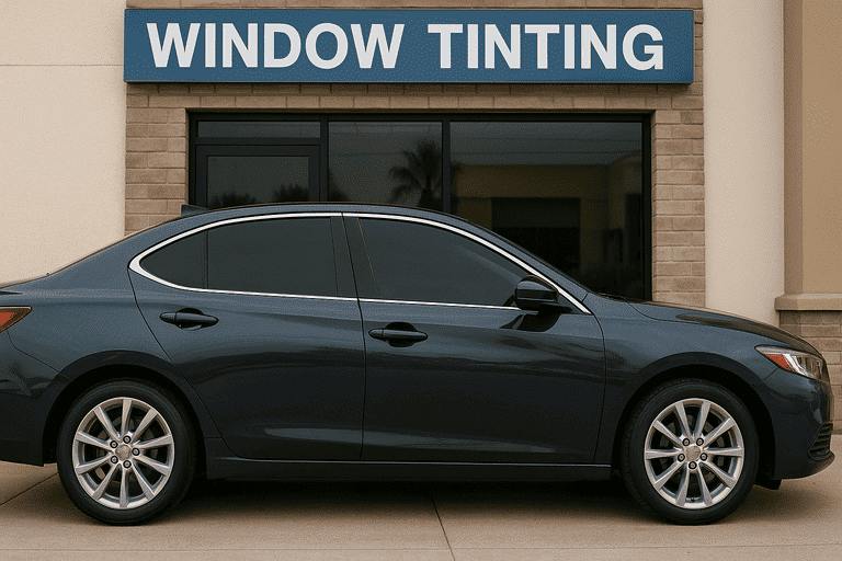 Side view of a dark blue car with tinted windows parked in front of a San Diego window tinting shop, showcasing finished tint work.
