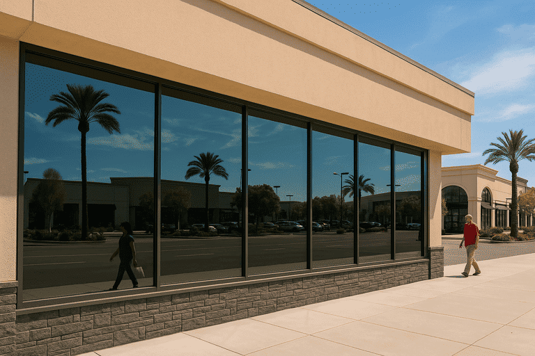 San Diego storefront with professionally tinted building windows reflecting sunlight