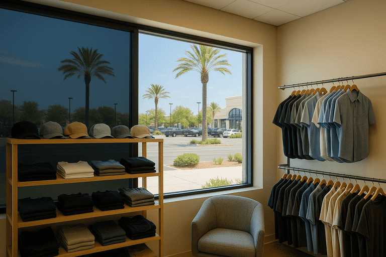 Inside view of retail shop with tinted windows reducing sun glare on merchandise