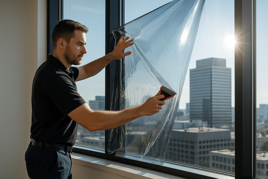 Installer Applying Reflective UV Window Film in Office with City Skyline