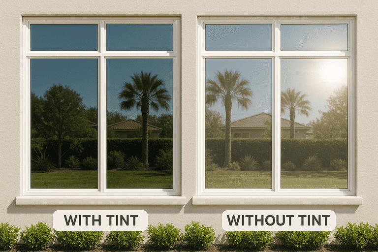 Comparison of untinted vs. tinted house windows showcasing improved comfort and sun protection.