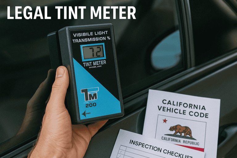 Tint meter reading displayed on a car window to verify legal limits in California, with legal documents in the background.