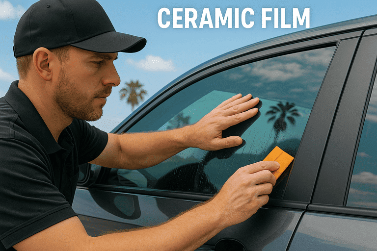 Tint technician applying ceramic film to a car window in San Diego with palm trees reflected on the glass, showing expert installation.