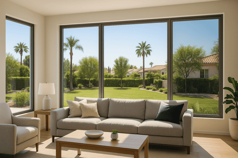 Ceramic window tint on large living room windows in a Southern California home, reducing glare while preserving natural light.