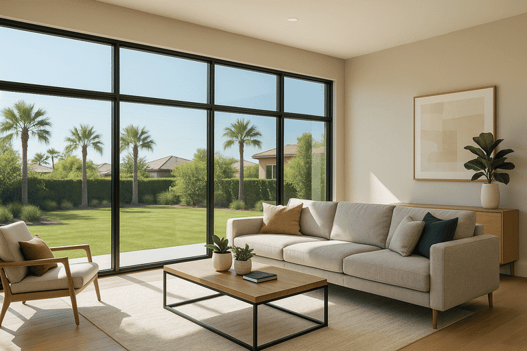 Tinted house windows in a sunny living room reduce glare and heat while maintaining a clear outdoor view.