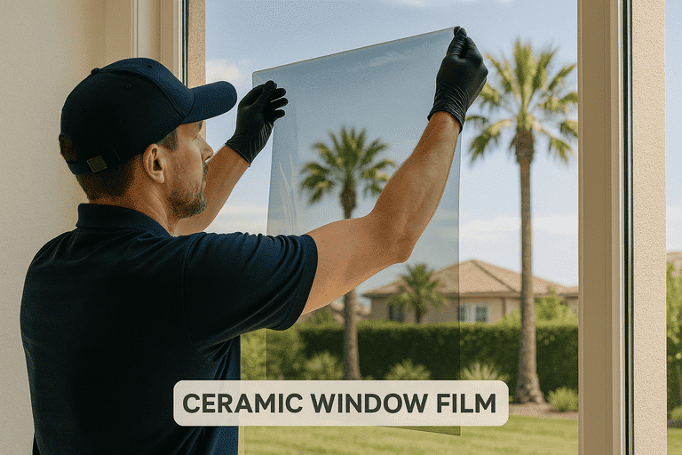 Professional installing house window tint on a Southern California home for improved efficiency and privacy.