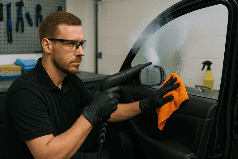 Auto tint technician removing window tint with a steamer in a San Diego garage setup.