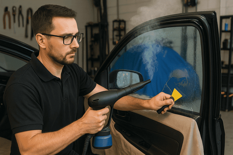 Professional technician removing tint from car windows with a steamer in San Diego