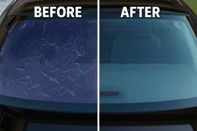 Rear car window comparison showing old damaged tint on one half and clear glass after removal on the other.