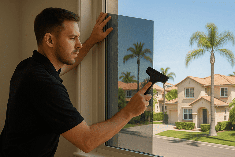 Technician installing ceramic window tint on a San Diego home’s interior window, with neighborhood scenery in the background.
