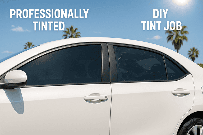 Comparison of a professional car window tint and a DIY tint with bubbling, highlighting the quality difference under the Southern California sun.
