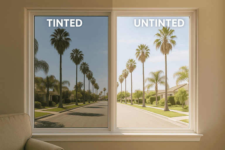 Side-by-side comparison of tinted and untinted home window showing reduced glare and interior fading in a sunny California setting.
