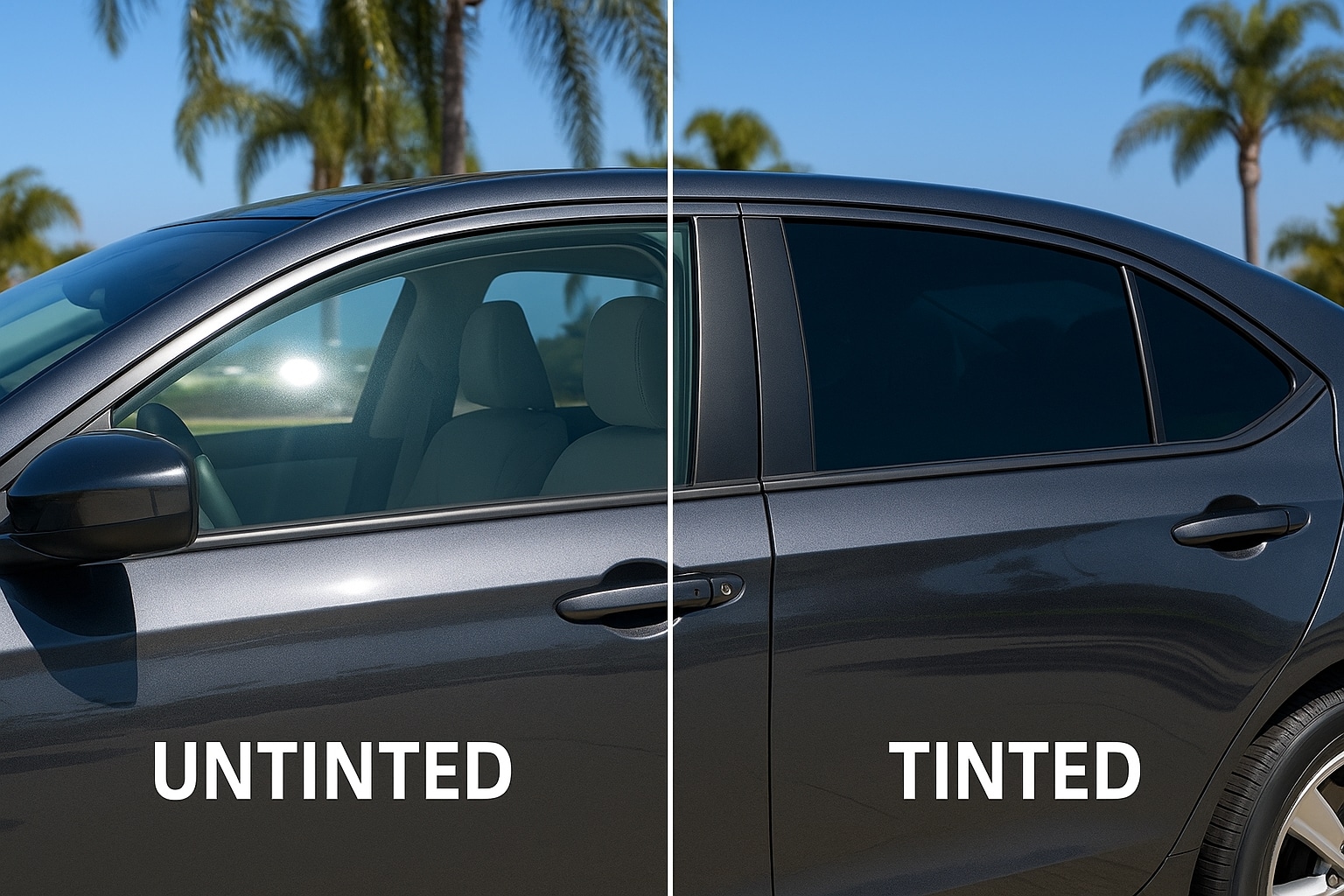 Side-by-side comparison of car windows before and after tinting, highlighting glare reduction and improved interior comfort.