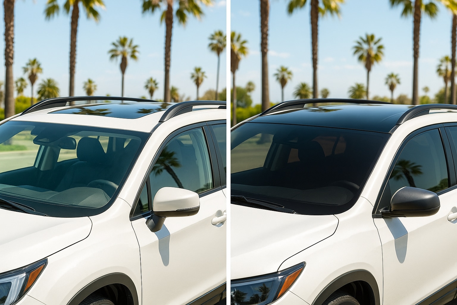 Side-by-side comparison of car glass roofs before and after tinting, showing heat and glare reduction in a sunny California setting.