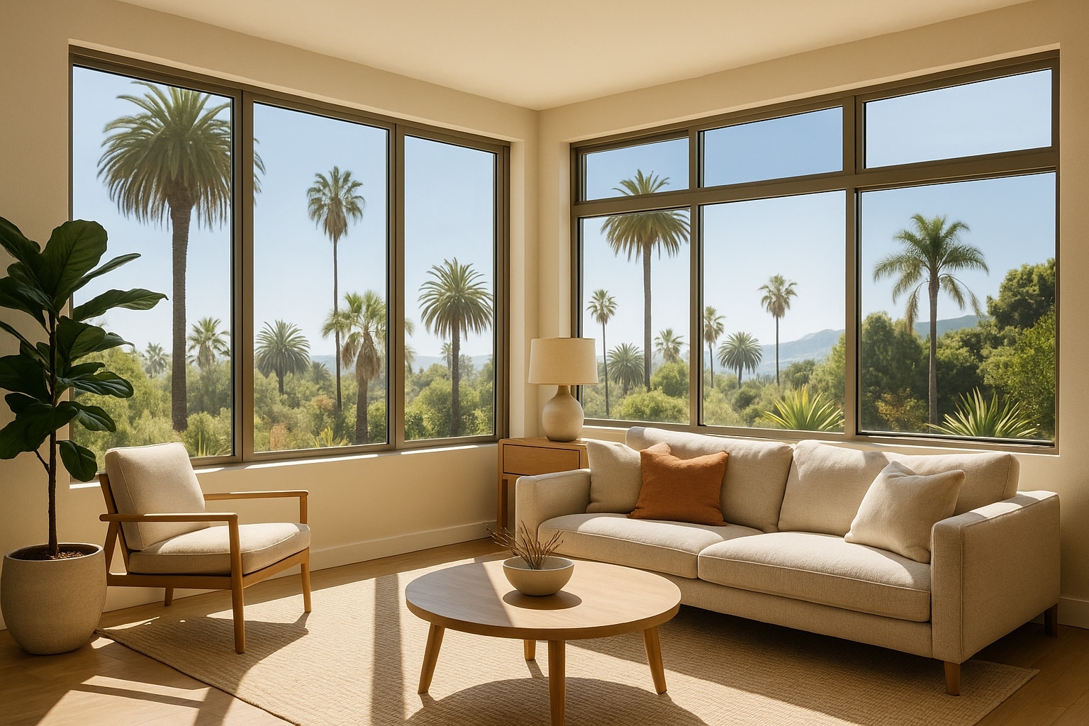 Southern California living room with ceramic window tint providing glare reduction while maintaining brightness and outdoor visibility.