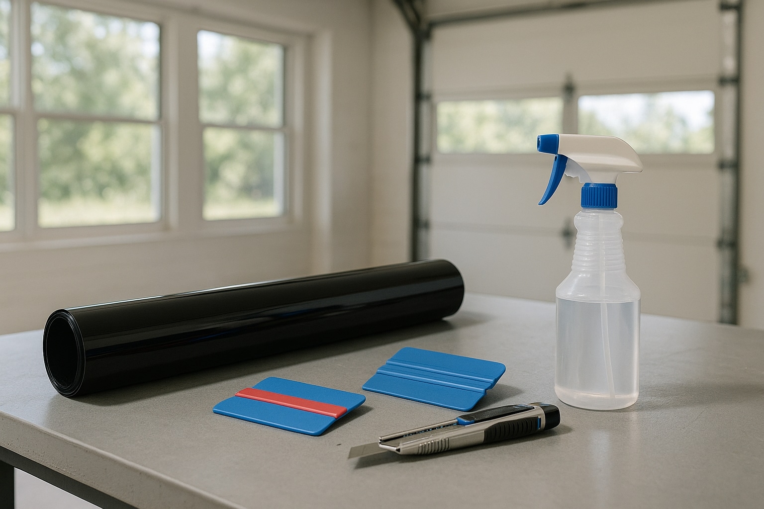 Complete DIY car window tinting tool kit laid out on a workbench in a Southern California garage.