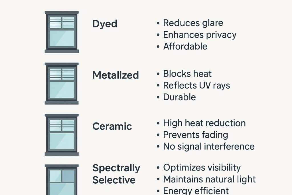 Comparison chart of residential window tint film types including dyed, metalized, ceramic, and spectrally selective with benefits outlined.