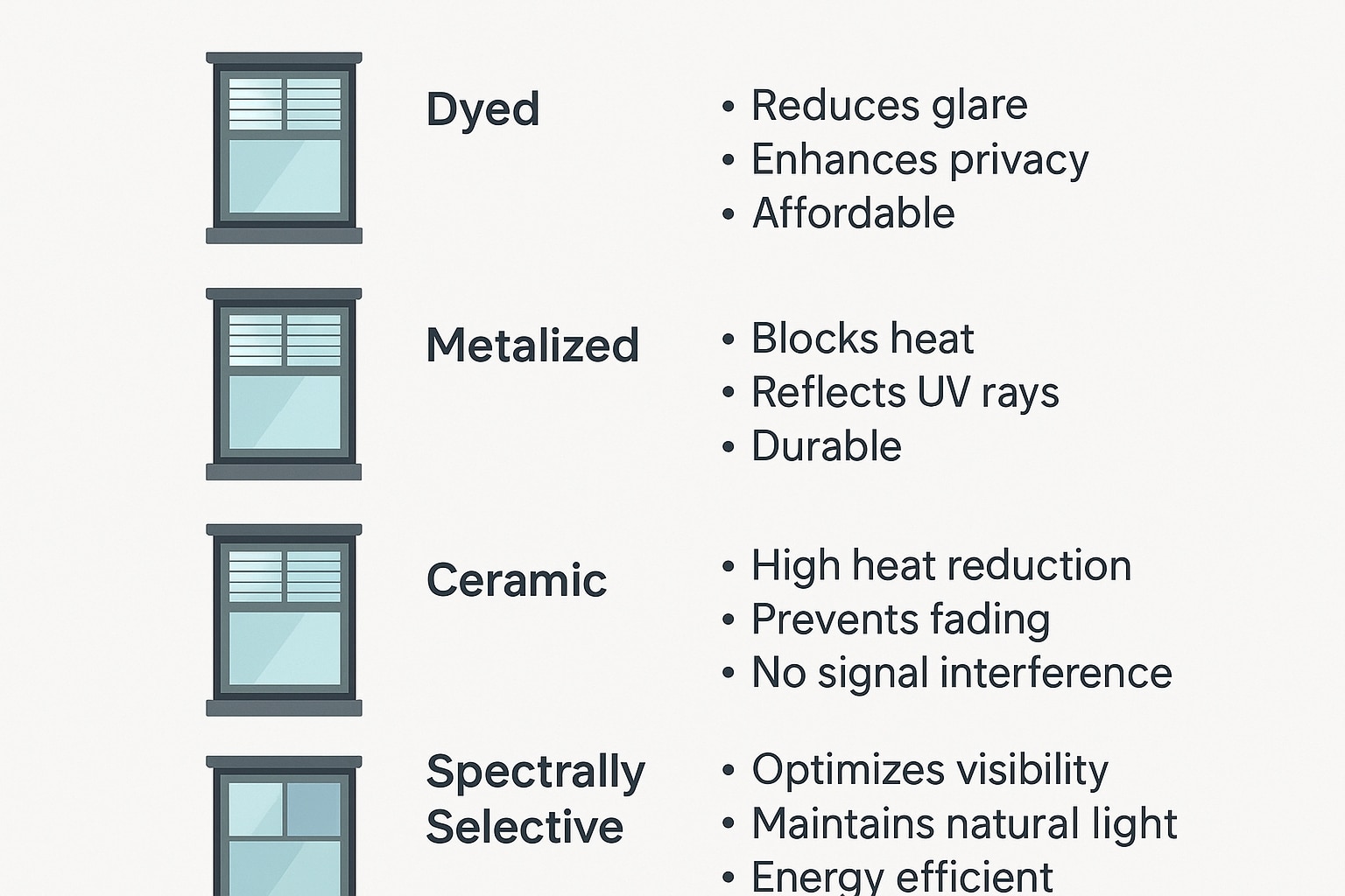 Comparison chart of residential window tint film types including dyed, metalized, ceramic, and spectrally selective with benefits outlined.