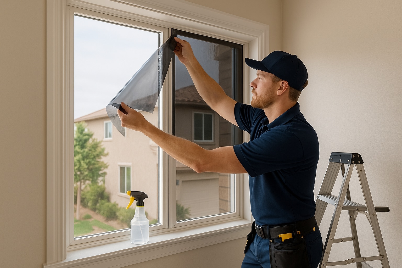 Professional installer applying residential window tint film to a high second-story window with safety equipment.