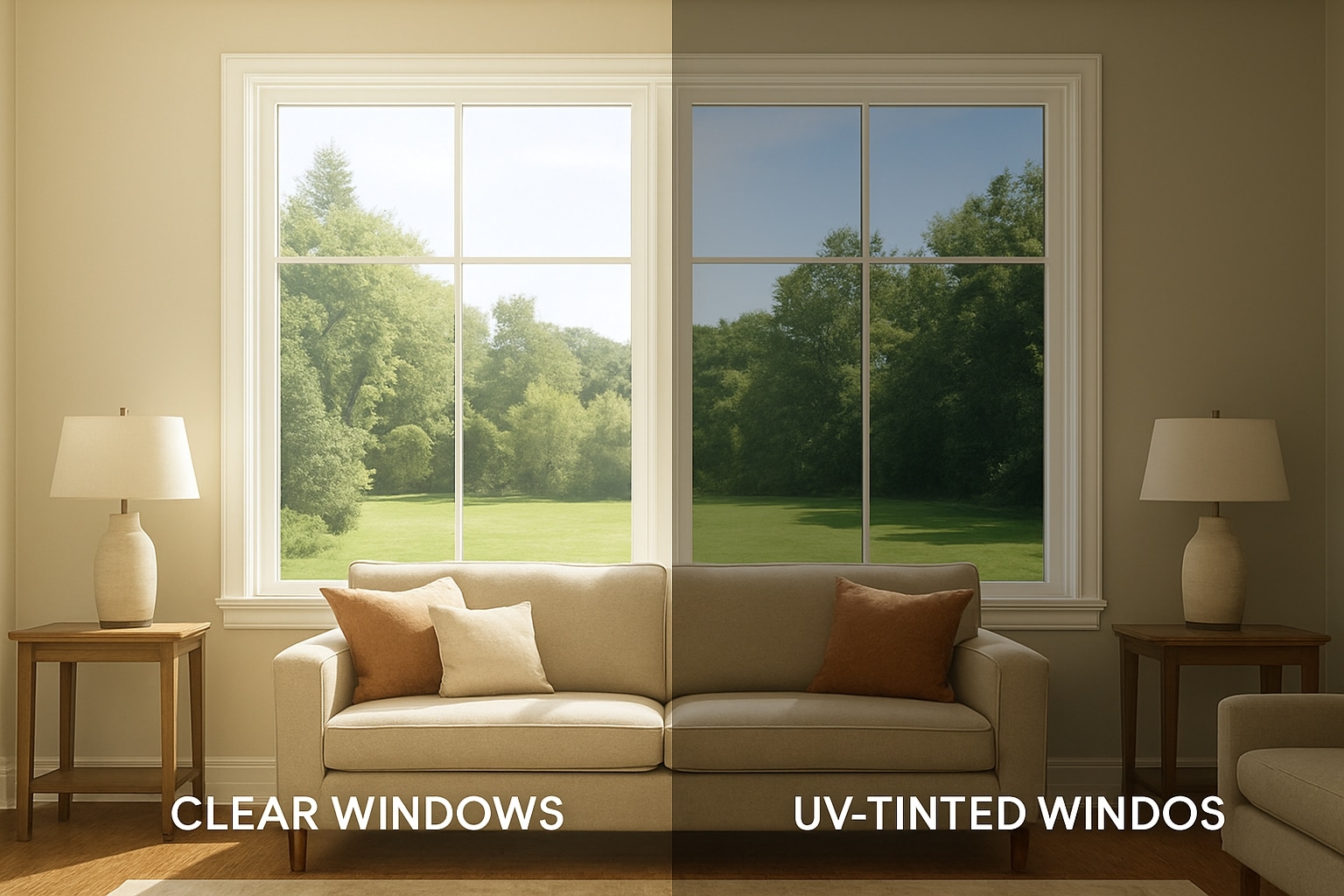 Side-by-side before and after of residential window tinting showing glare reduction and interior comfort improvement.