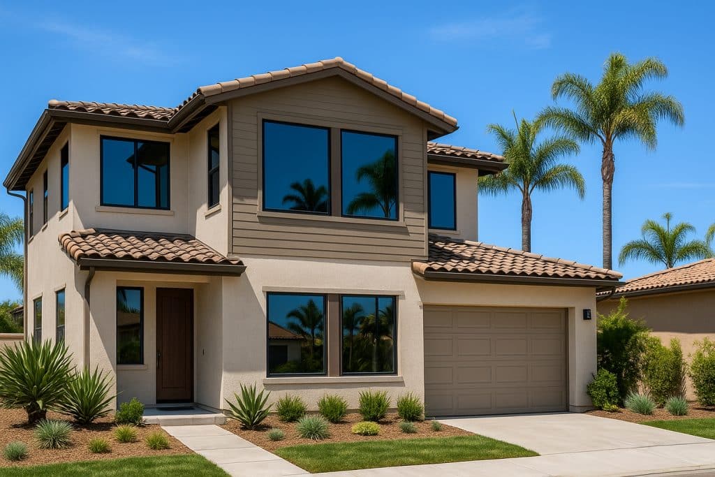 Residential San Diego home with professionally tinted windows reflecting palm trees and blue skies.
