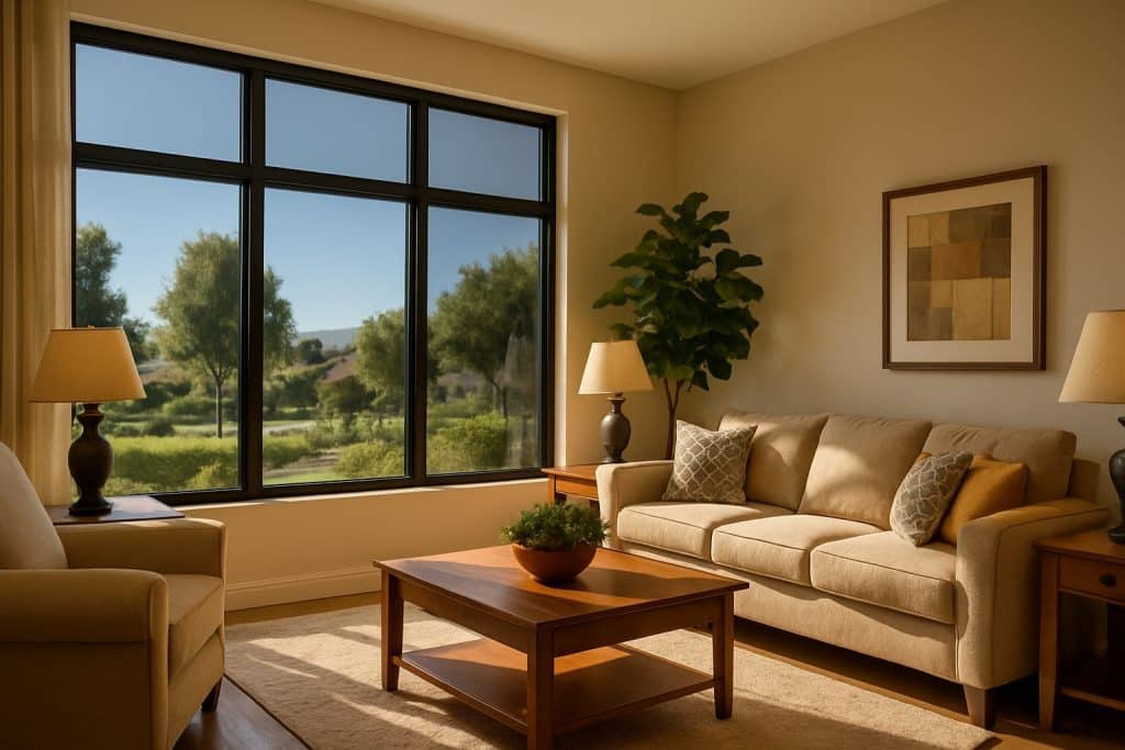 Glare-free living room in a Southern California home with tinted house windows filtering sunlight.