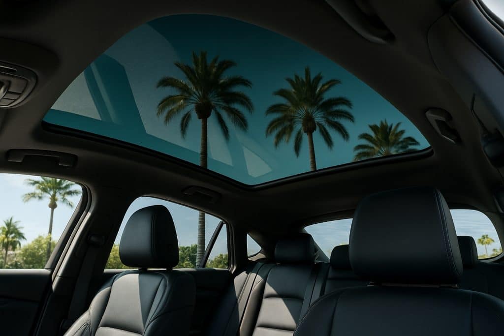 Interior view of a car with a tinted panoramic sunroof reducing glare and sunlight in Southern California.